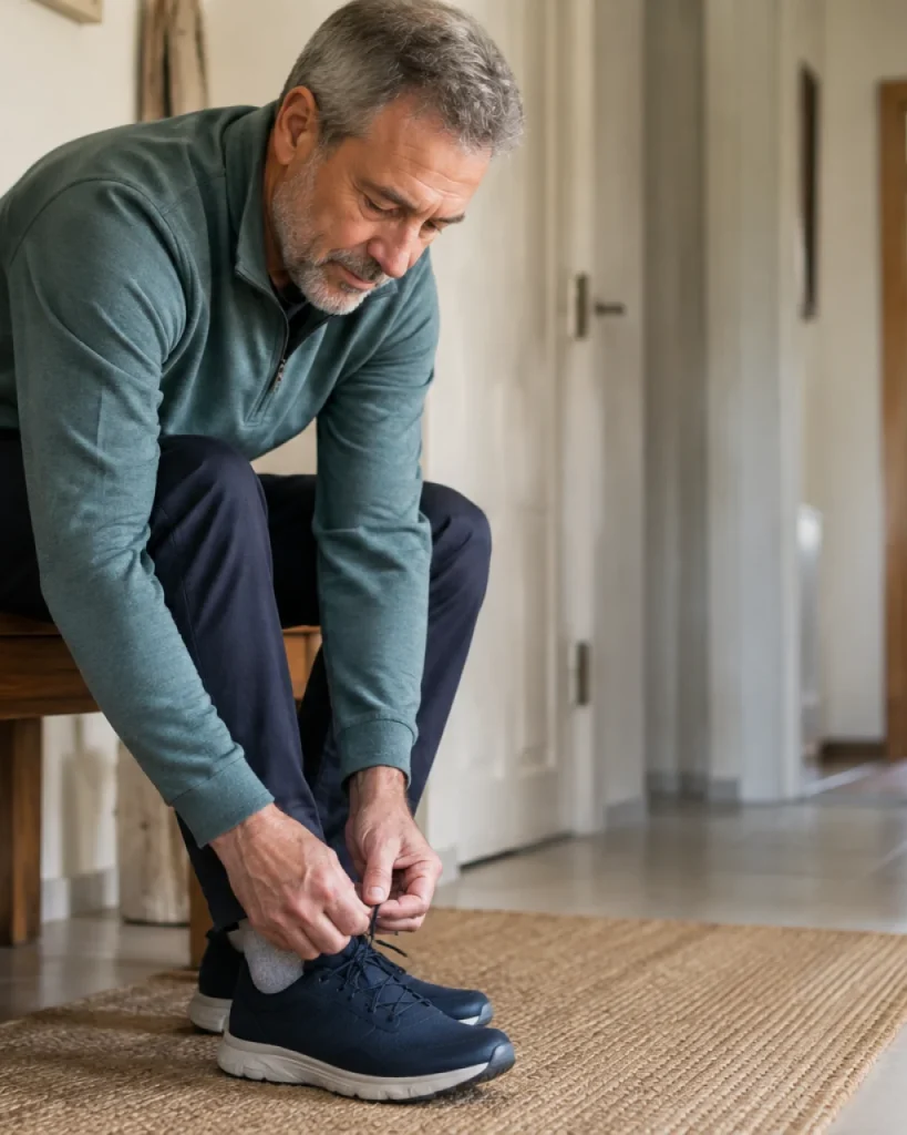 Hombre de unos 60 años atándose unas zapatillas cómodas en el recibidor de casa.