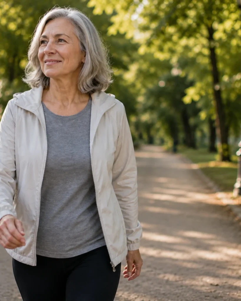 Mujer de más de 50 años caminando por un sendero arbolado de un parque con luz natural cálida.