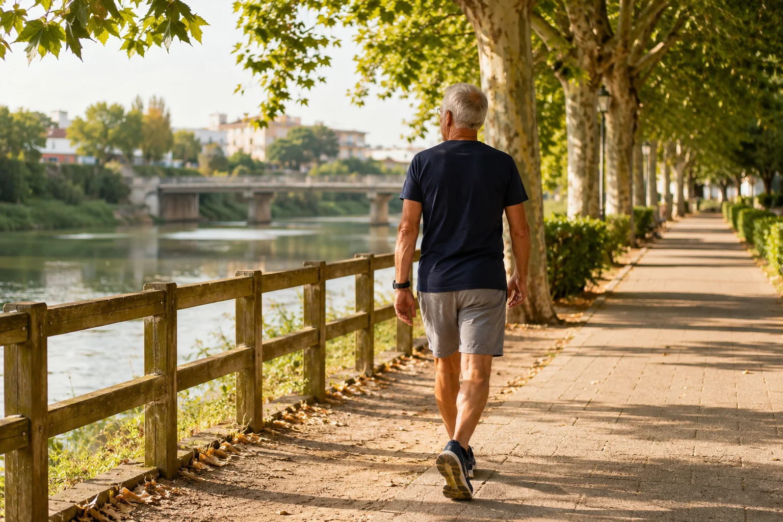 Hombre mayor caminando por un paseo arbolado junto al río