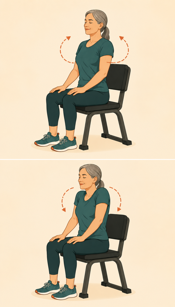 Mujer sentada en una silla de gimnasio realizando círculos de hombros.