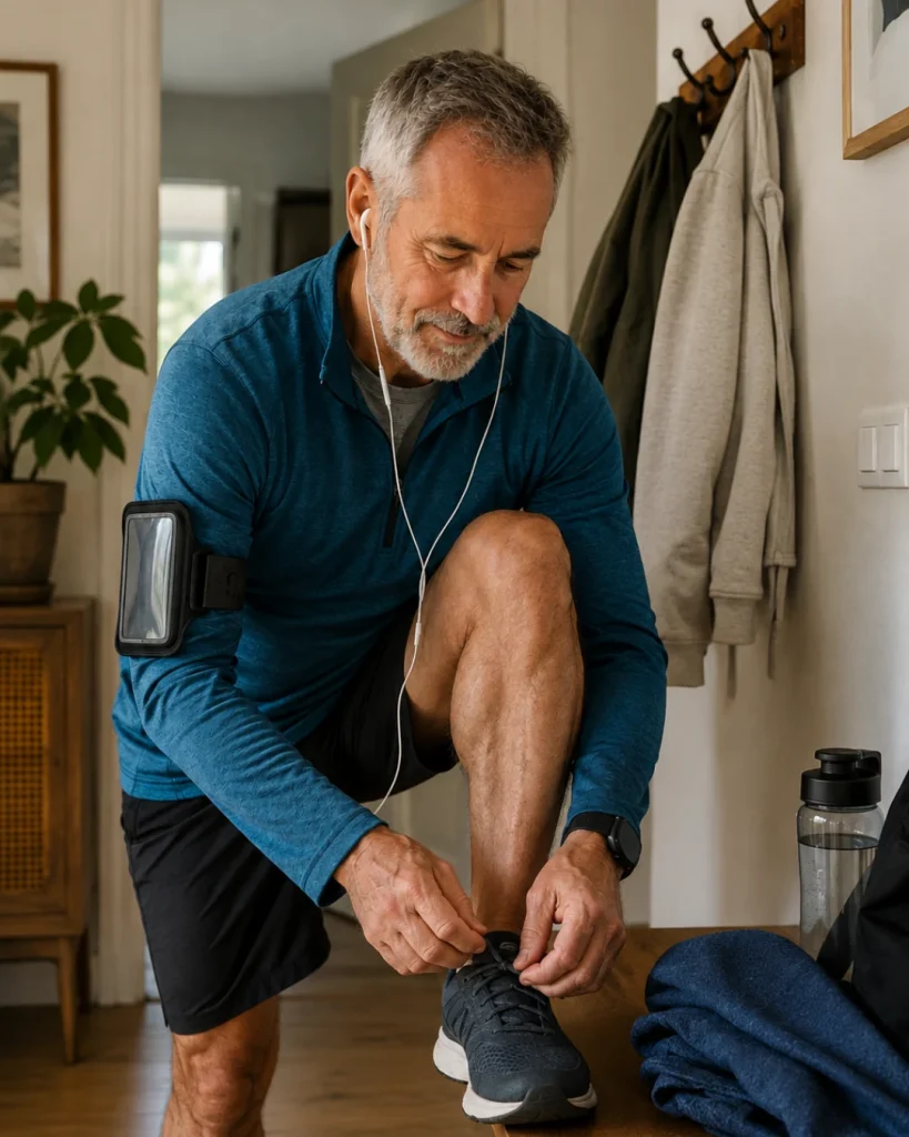 Hombre de más de 60 años atándose las zapatillas antes de salir a hacer ejercicio.
