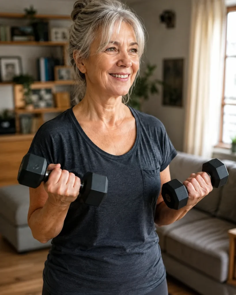 Mujer de más de 60 años haciendo ejercicio de fuerza en el salón de casa.