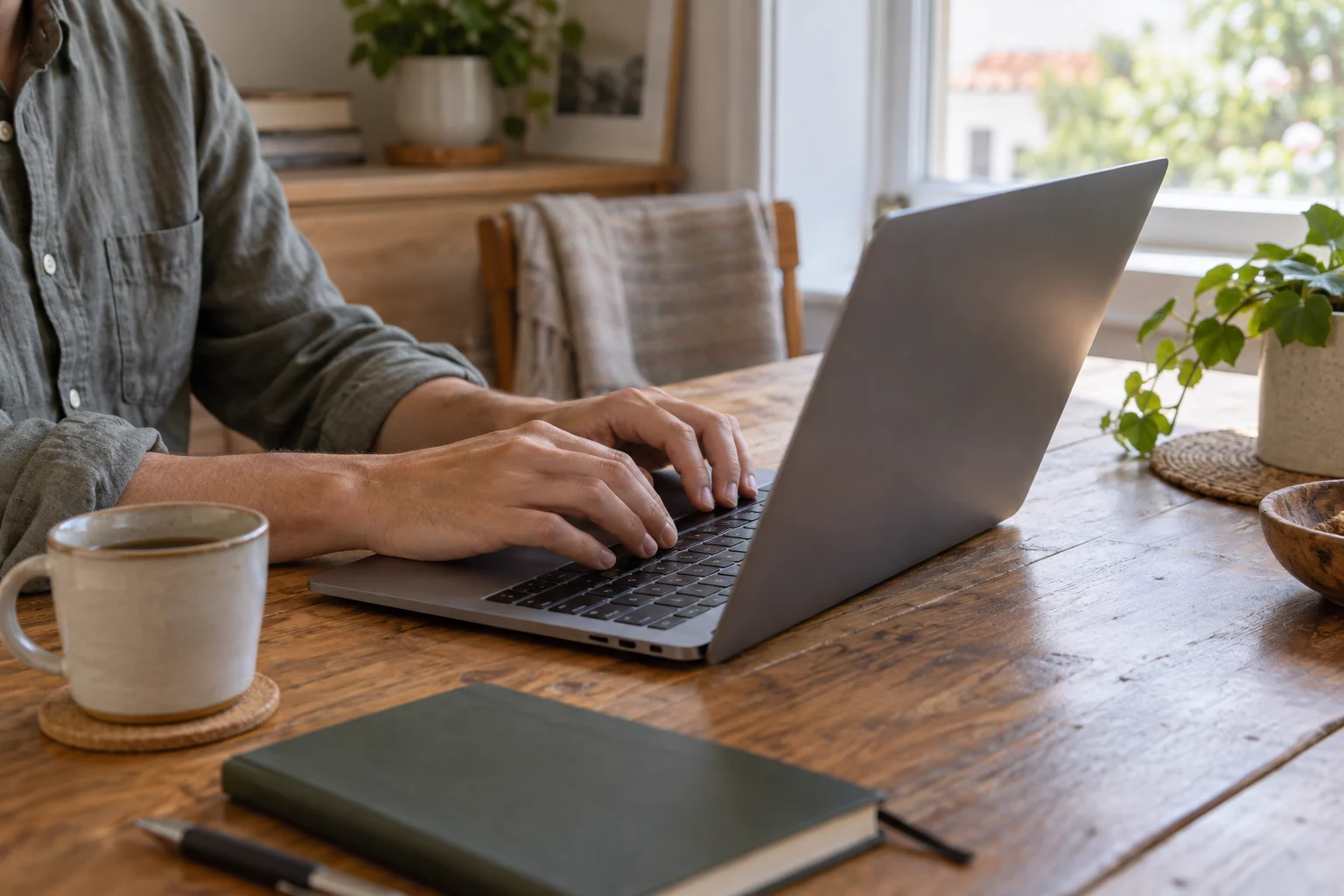 Manos sobre el teclado de un portátil en una mesa junto a una ventana.