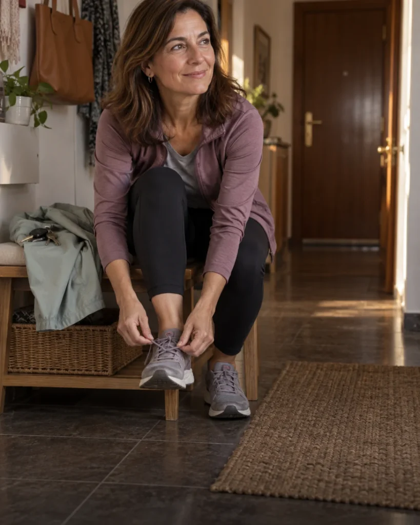 Mujer atándose una zapatilla antes de salir a caminar.