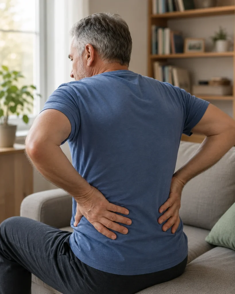 Hombre de unos 60 años sentado en un sofá con las manos apoyadas en la zona lumbar en un salón con luz natural.