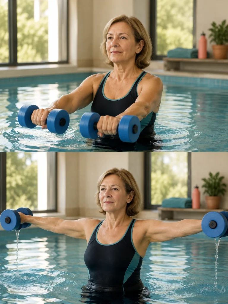 Mujer de unos 60 años realizando ejercicio acuático con mancuernas de espuma en una piscina cubierta luminosa.