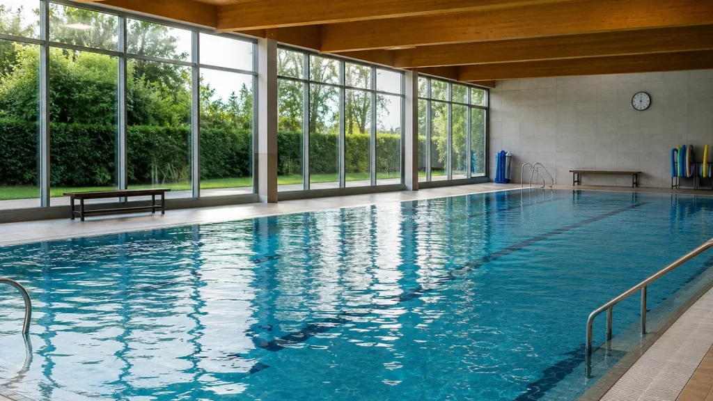 Piscina cubierta vacía con luz natural y material acuático al fondo.