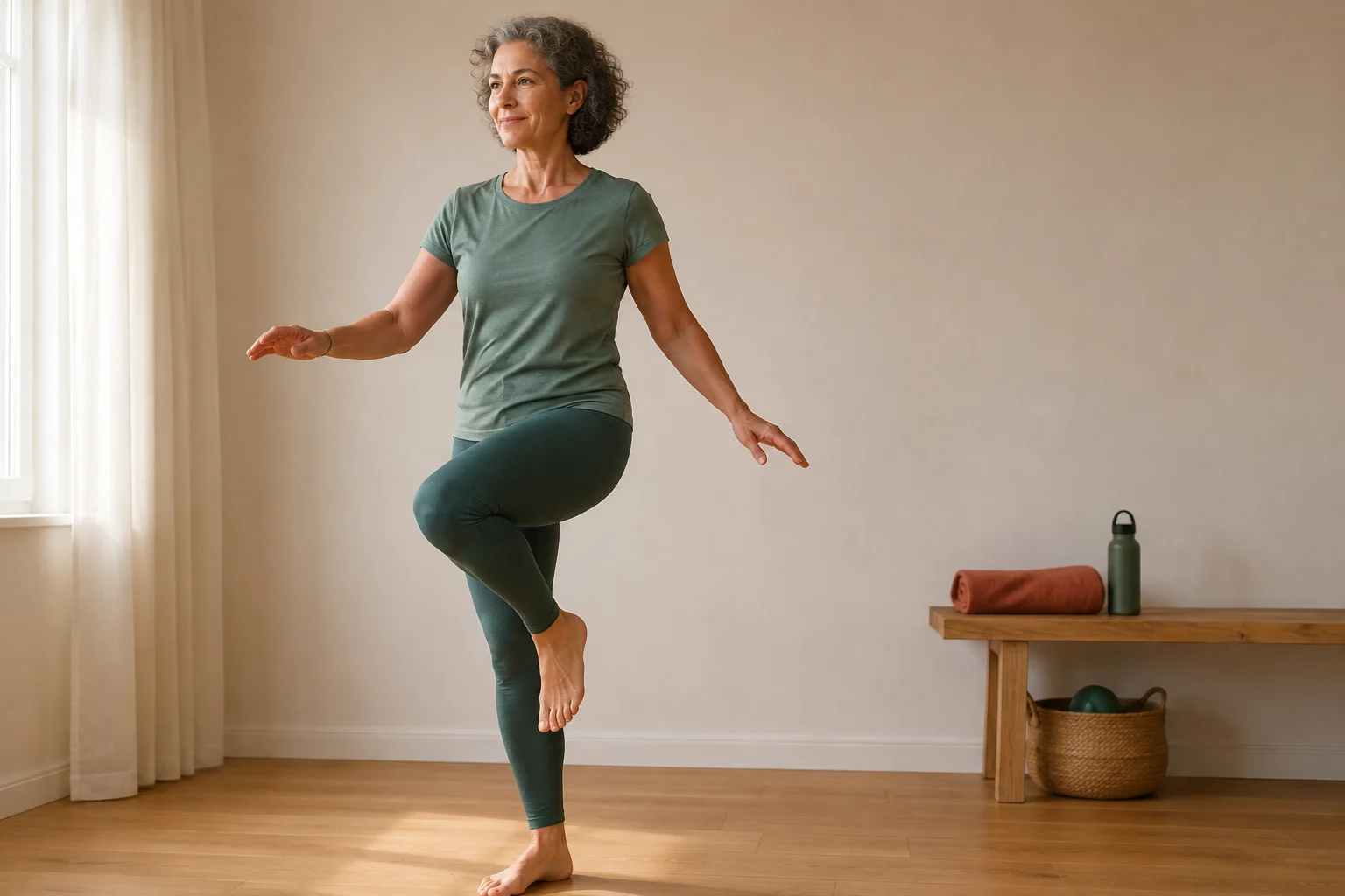 Mujer de unos 60 años de pie manteniendo el equilibrio sobre una pierna en un espacio interior cálido y luminoso.