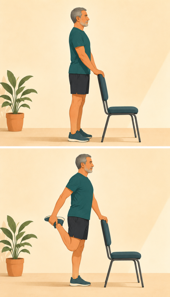 Adulto mayor realizando un estiramiento de cuádriceps de pie con apoyo en una silla de gimnasio.