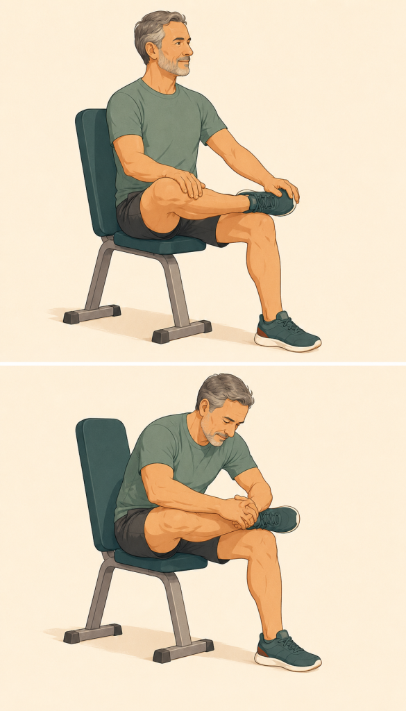 Ilustración de un adulto haciendo un estiramiento de glúteo sentado en posición de figura 4 sobre una silla de gimnasio.