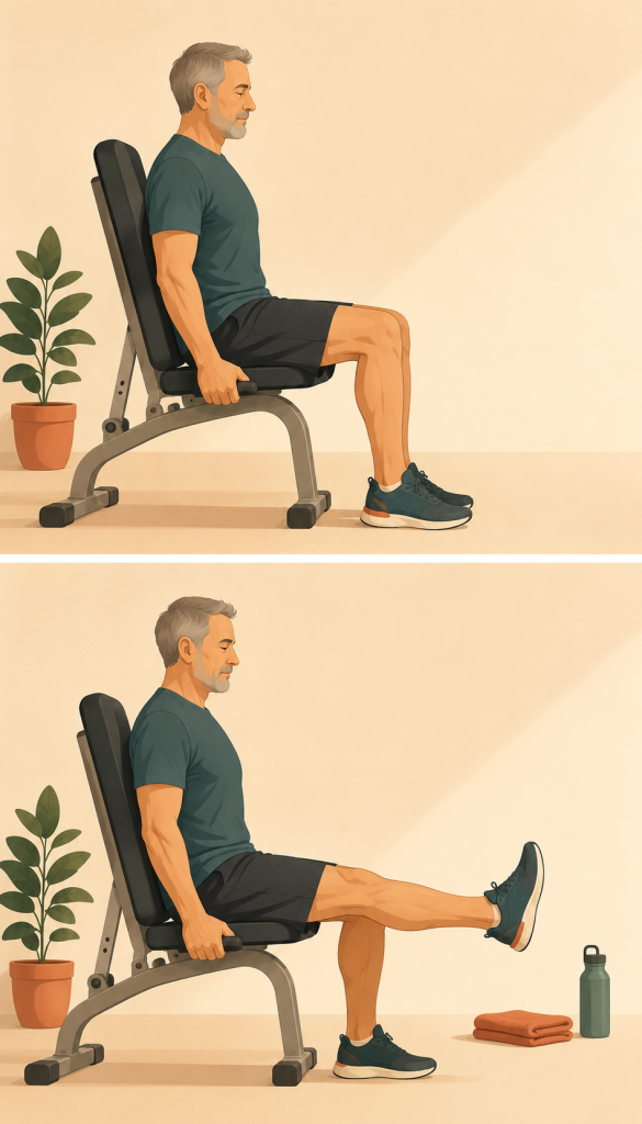 Ilustración de una persona mayor haciendo una extensión de rodilla isométrica sentada en una silla de gimnasio.