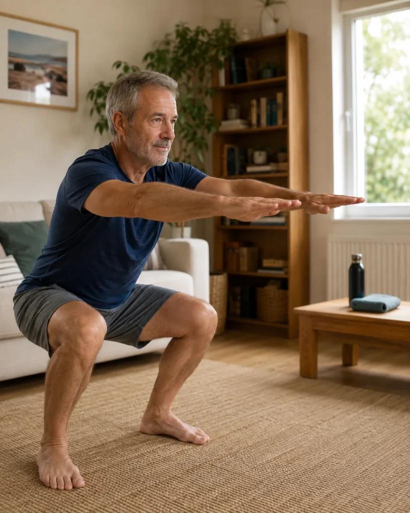 Hombre de unos 60 años haciendo una sentadilla con su propio peso en el salón de casa.