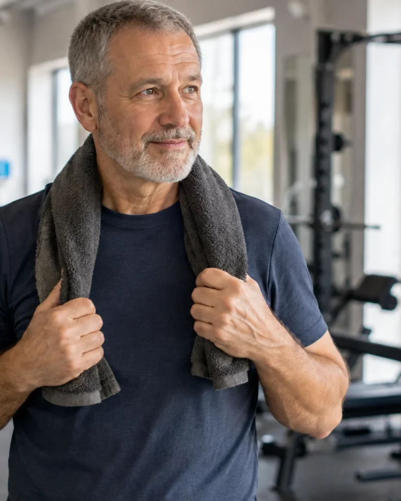 Hombre de unos 60 años en una sala de gimnasio, con una toalla al cuello y máquinas de fuerza al fondo.