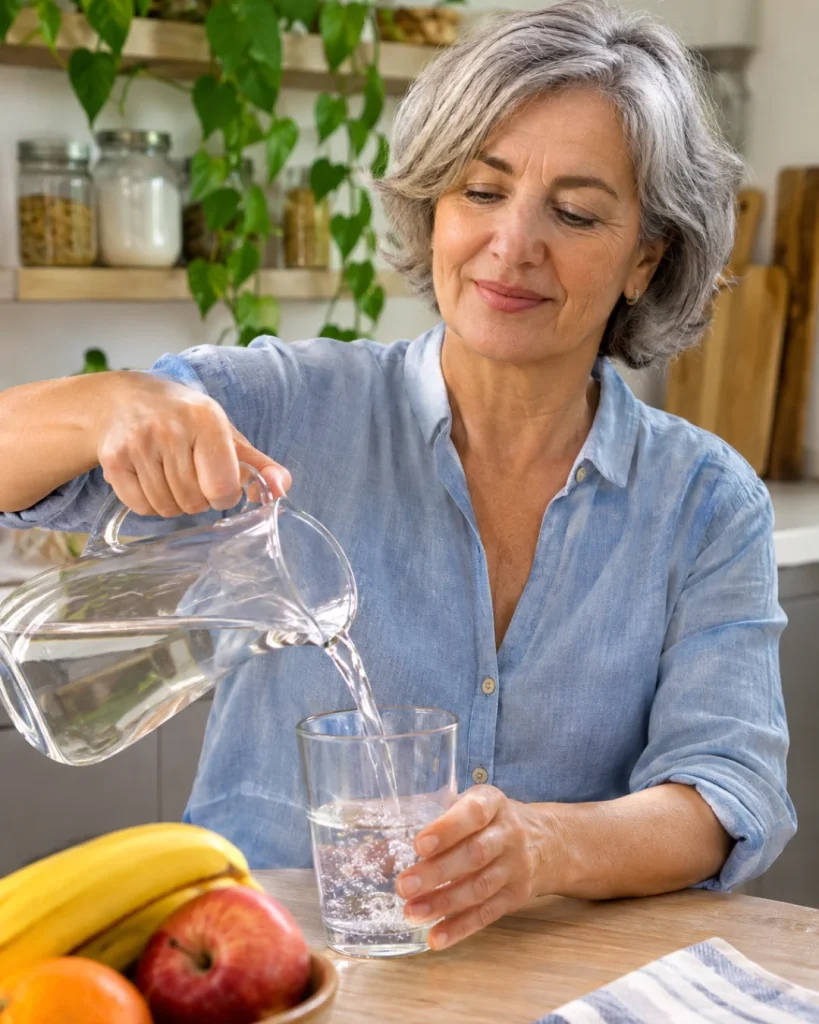 Mujer de más de 60 años sirviéndose un vaso de agua en la cocina.