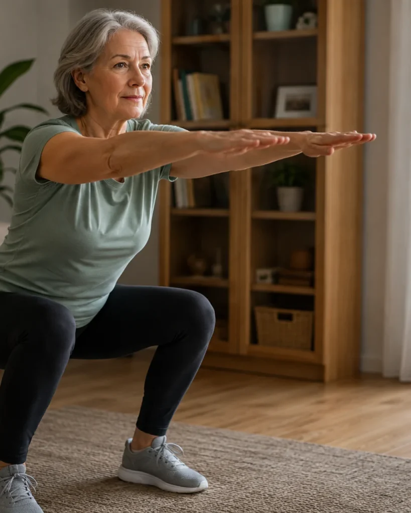 Mujer de más de 60 años haciendo una sentadilla en el salón de su casa con luz natural.