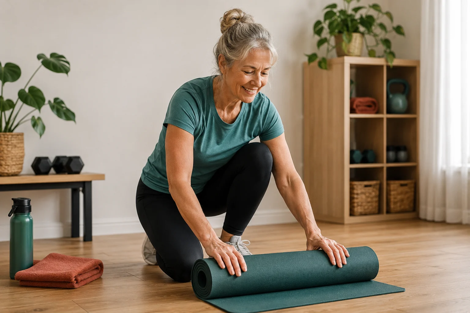Mujer de unos 60 años preparando material para entrenar en casa en un espacio luminoso y cálido.