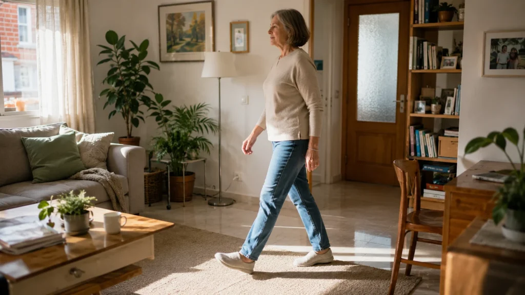 Mujer mayor caminando por el salón de su casa durante el día.