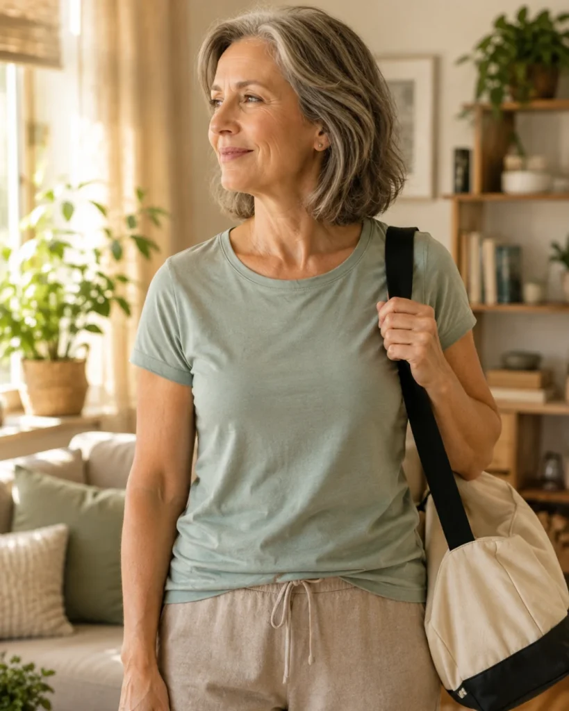 Mujer de más de 60 años se prepara para salir de casa y mantenerse activa con artrosis.