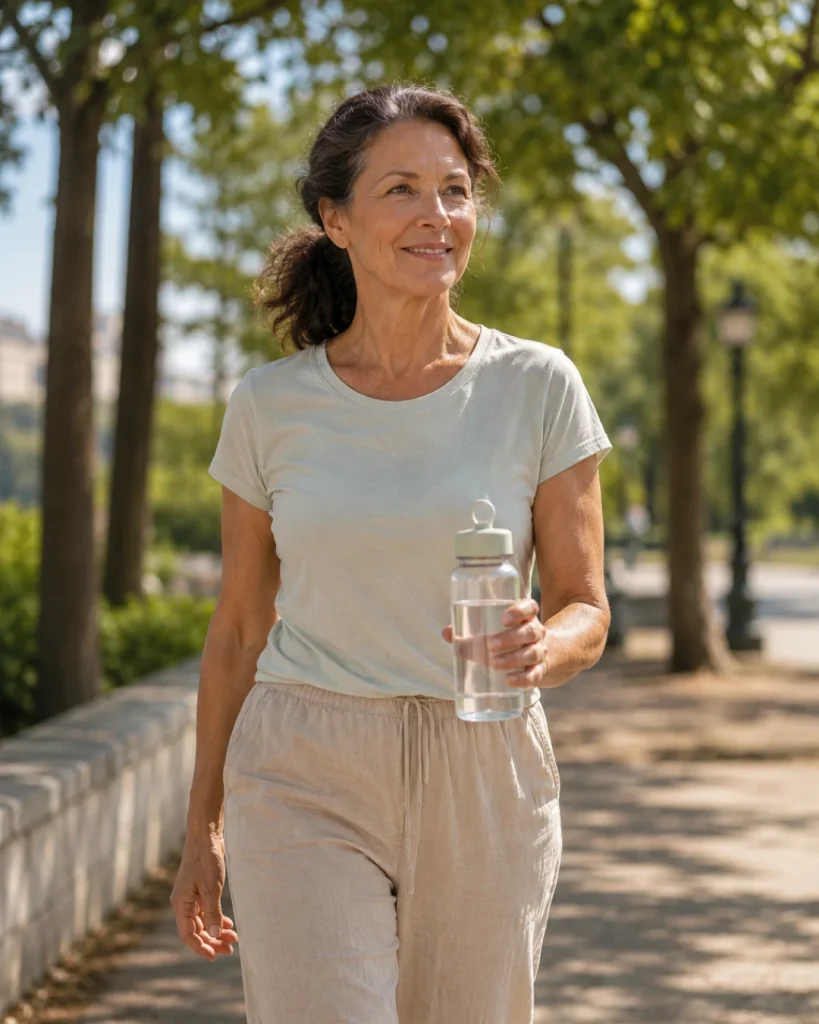 Mujer de más de 60 años camina por un parque con una botella de agua en un día de verano.