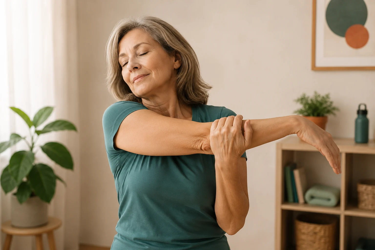Mujer de unos 60 años realizando un estiramiento suave de hombro en un espacio cálido y luminoso.