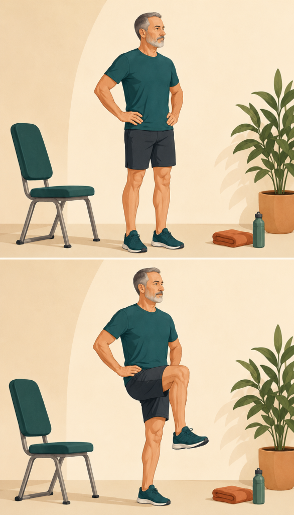 Ilustración de un adulto haciendo movilidad de cadera de pie con apoyo en una silla de gimnasio.