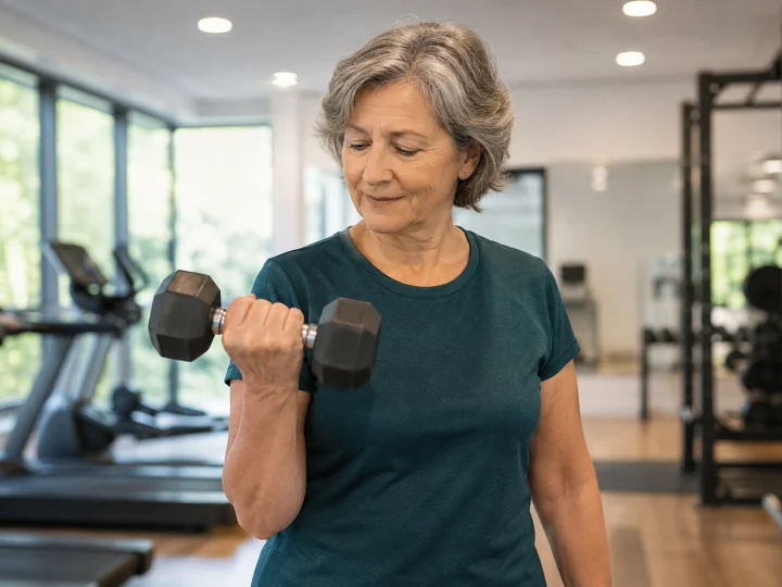 Mujer de unos 60 años levantando una mancuerna en un gimnasio luminoso.