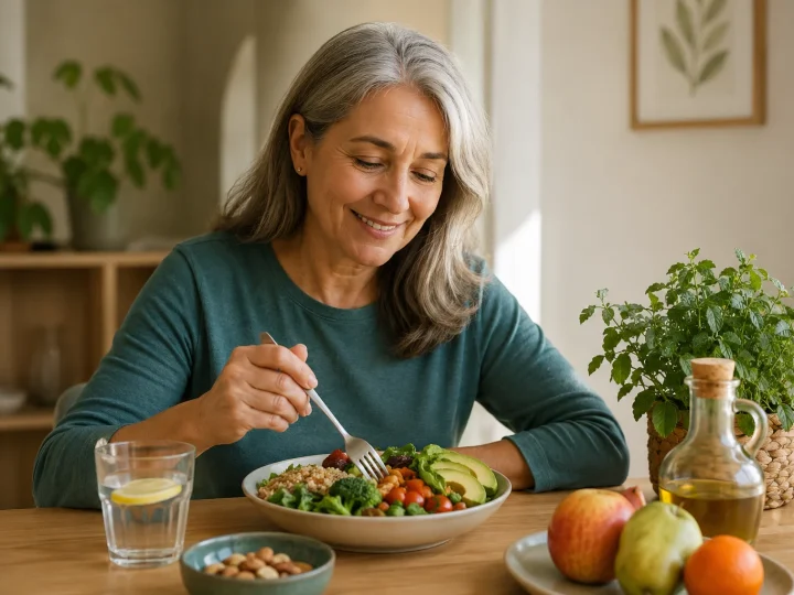 Mujer de unos 60 años preparando y disfrutando una comida saludable con verduras, cereales integrales, fruta y frutos secos en una cocina luminosa.
