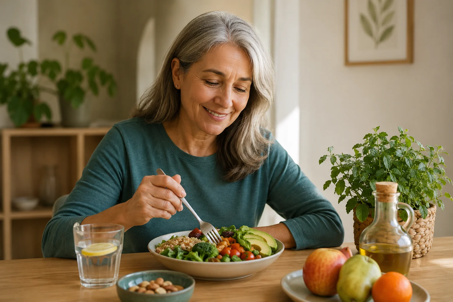 Mujer de unos 60 años preparando y disfrutando una comida saludable con verduras, cereales integrales, fruta y frutos secos en una cocina luminosa.