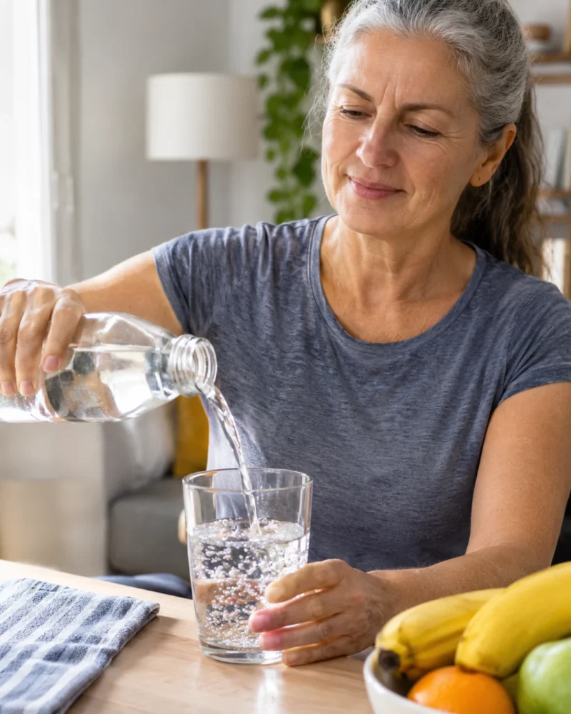 Mujer de más de 60 años sirviéndose agua junto a un bol de fruta en casa.