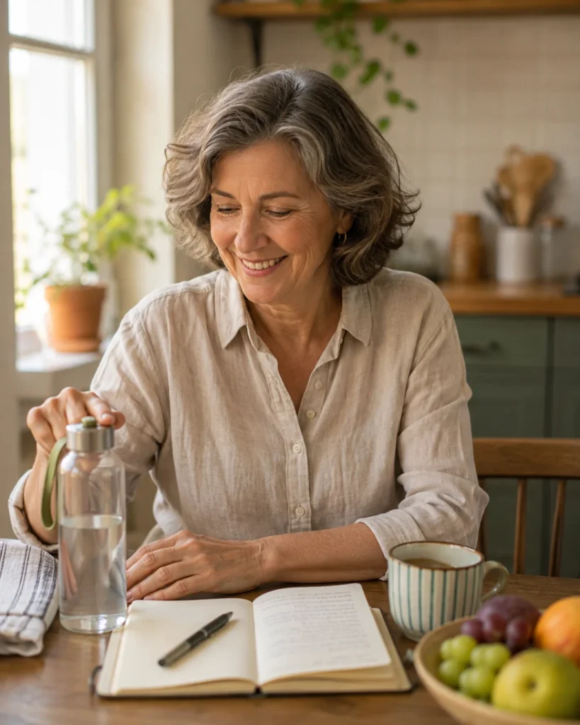 Mujer de más de 60 años revisa sus elecciones de alimentación en una cocina cotidiana con fruta y agua sobre la mesa.