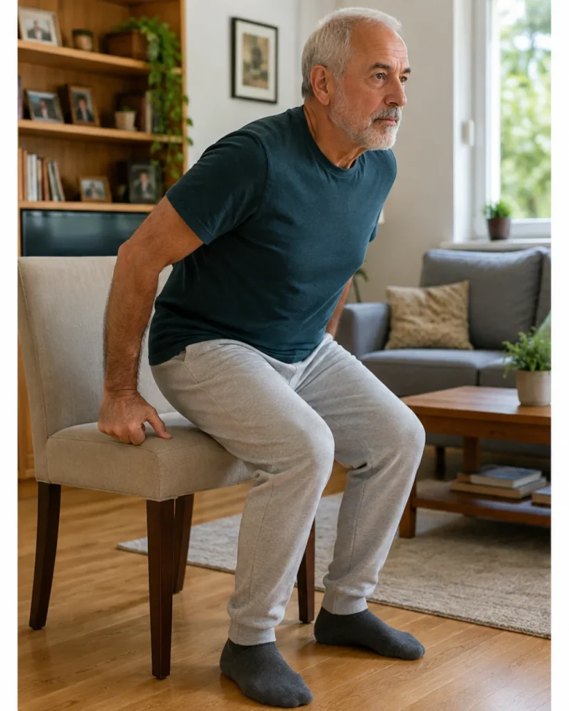 Hombre mayor incorporándose de una silla en el salón de su casa.