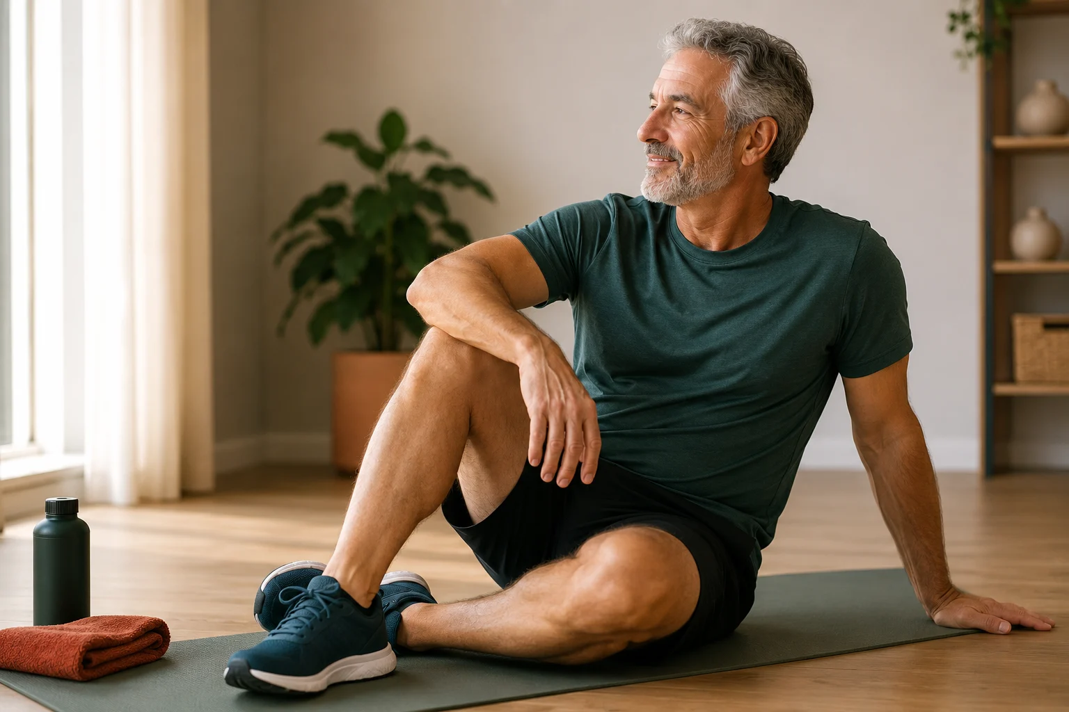 Hombre de más de 50 años descansando sobre una esterilla tras hacer ejercicio en casa, con luz natural cálida.