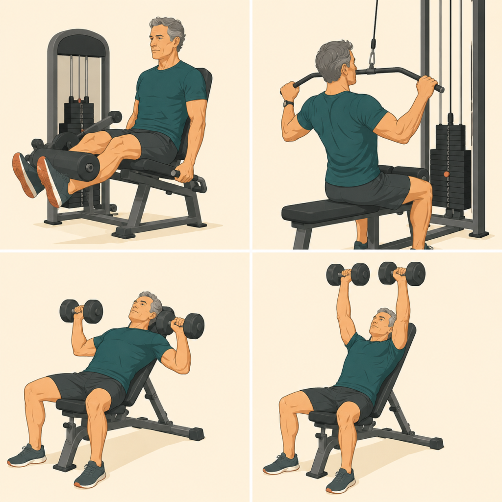 Ilustración en cuatro paneles de un adulto mayor realizando ejercicios de fuerza avanzada en gimnasio.