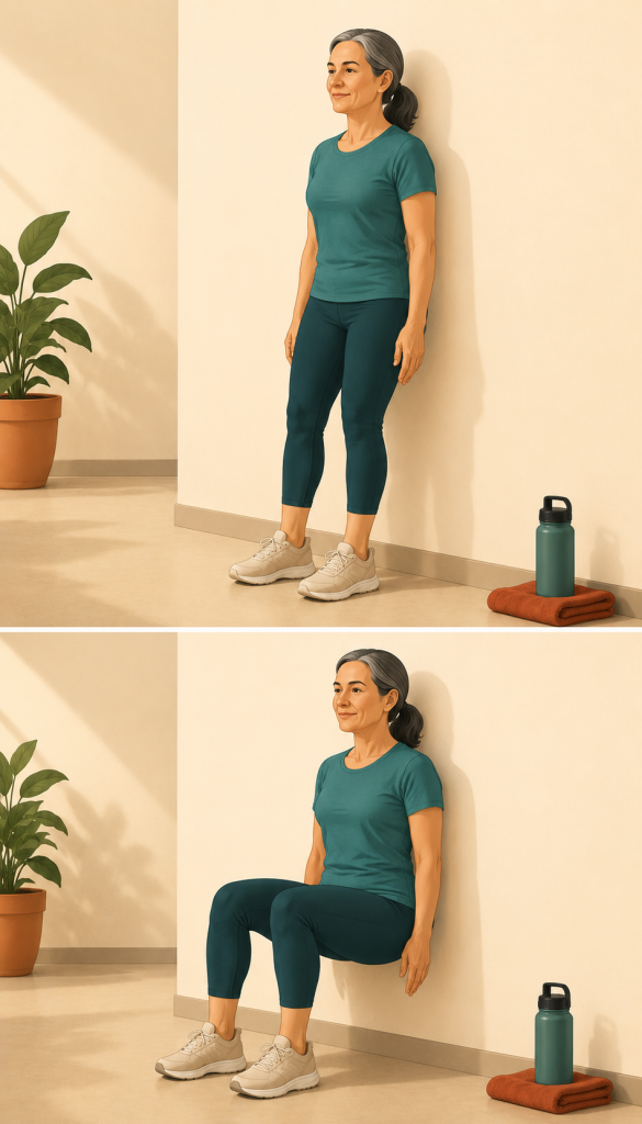 Mujer adulta realizando una sentadilla isométrica apoyada en la pared en dos posiciones del ejercicio