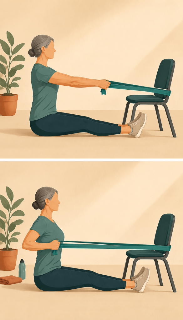 Adulto mayor realizando un sostén isométrico de espalda con banda elástica anclada a una silla de gimnasio.