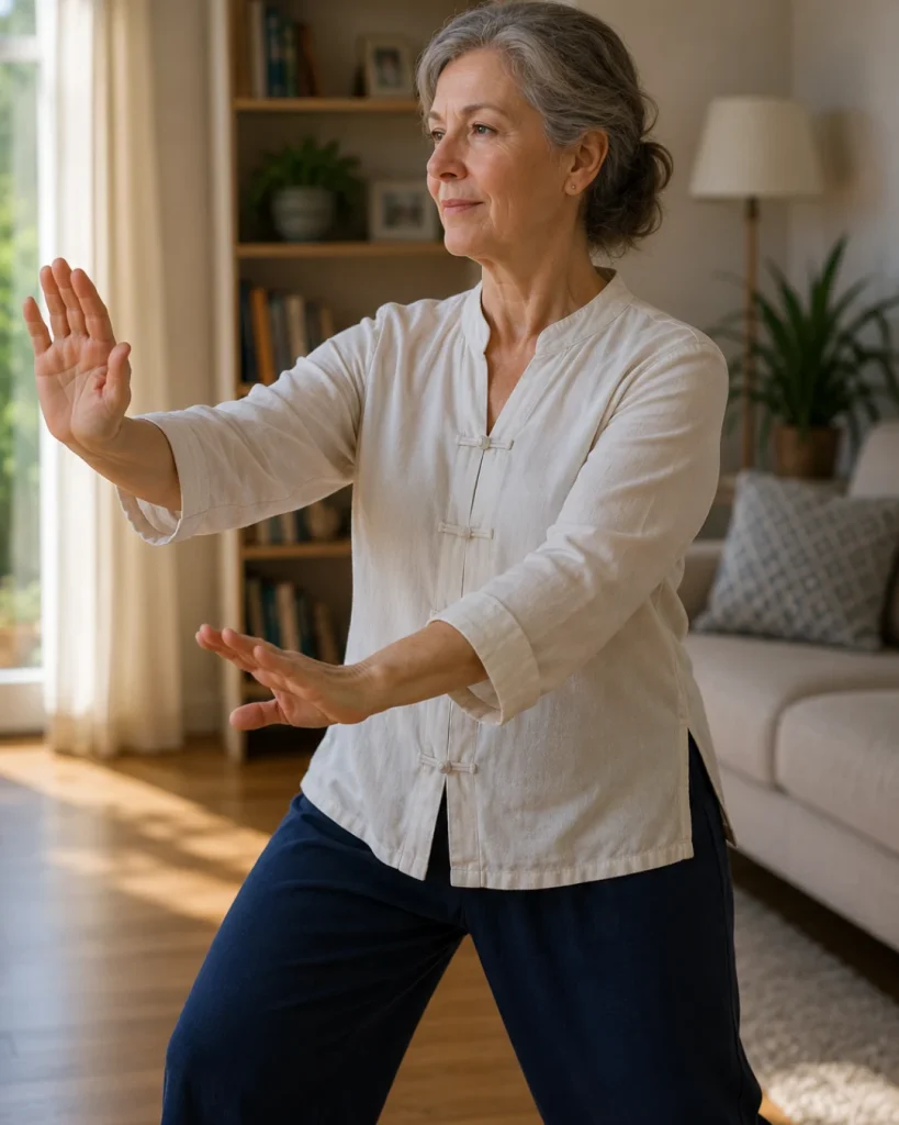 Mujer de más de 50 años practicando un movimiento suave de tai chi en casa.