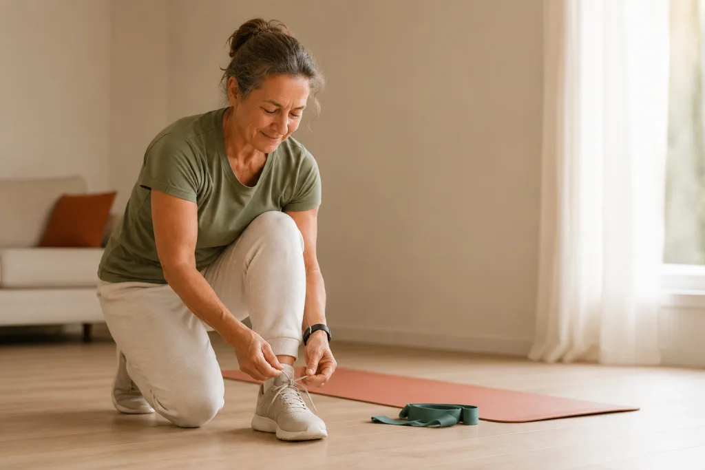 Mujer atandose zapatillas