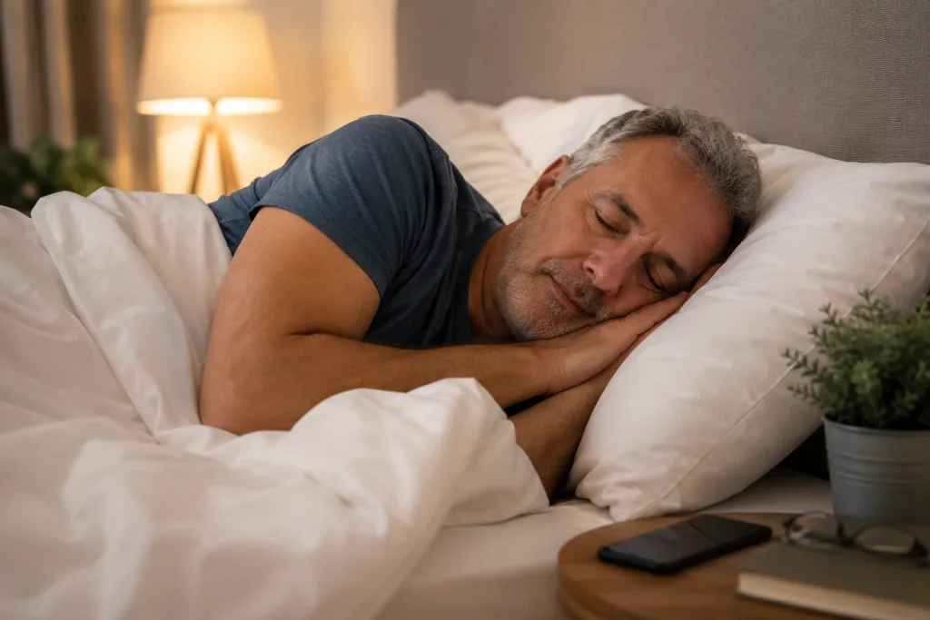 Hombre adulto descansando en la cama en un ambiente cálido y tranquilo
