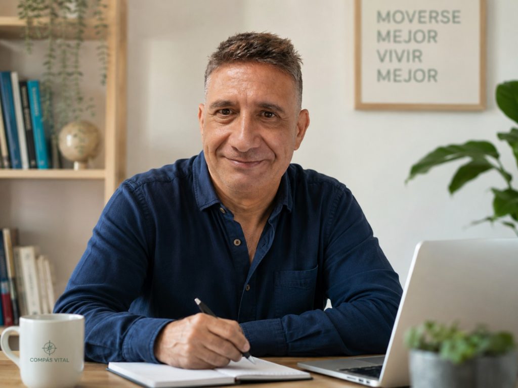 Retrato de Eduardo García en un espacio de trabajo cálido de Compás Vital.
