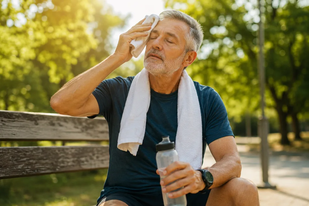 Persona descansando e hidratándose durante un entrenamiento con calor