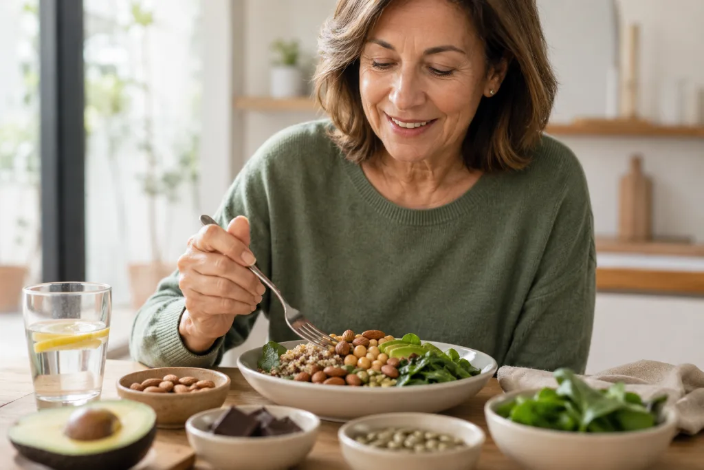 Mujer adulta comiendo un plato con alimentos ricos en magnesio como frutos secos, legumbres, semillas y verduras de hoja verde.