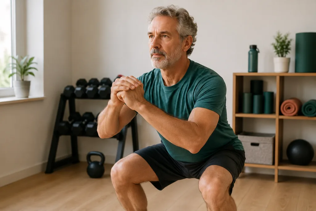 Hombre de unos 60 años haciendo una sentadilla en un gimnasio doméstico luminoso y ordenado