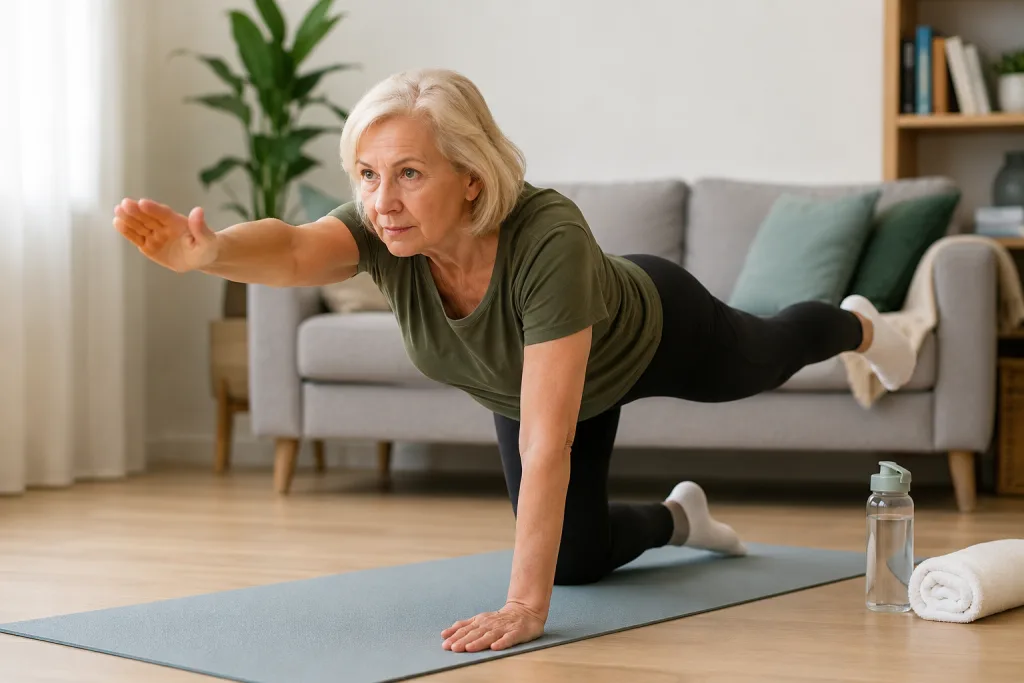 Mujer adulta realizando un ejercicio de equilibrio en casa para ayudar a prevenir caídas