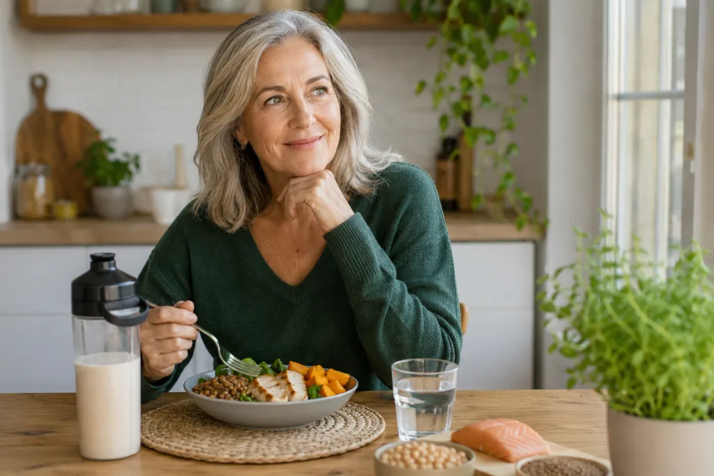 Mujer adulta en una cocina luminosa con una comida rica en proteínas y alimentos saludables