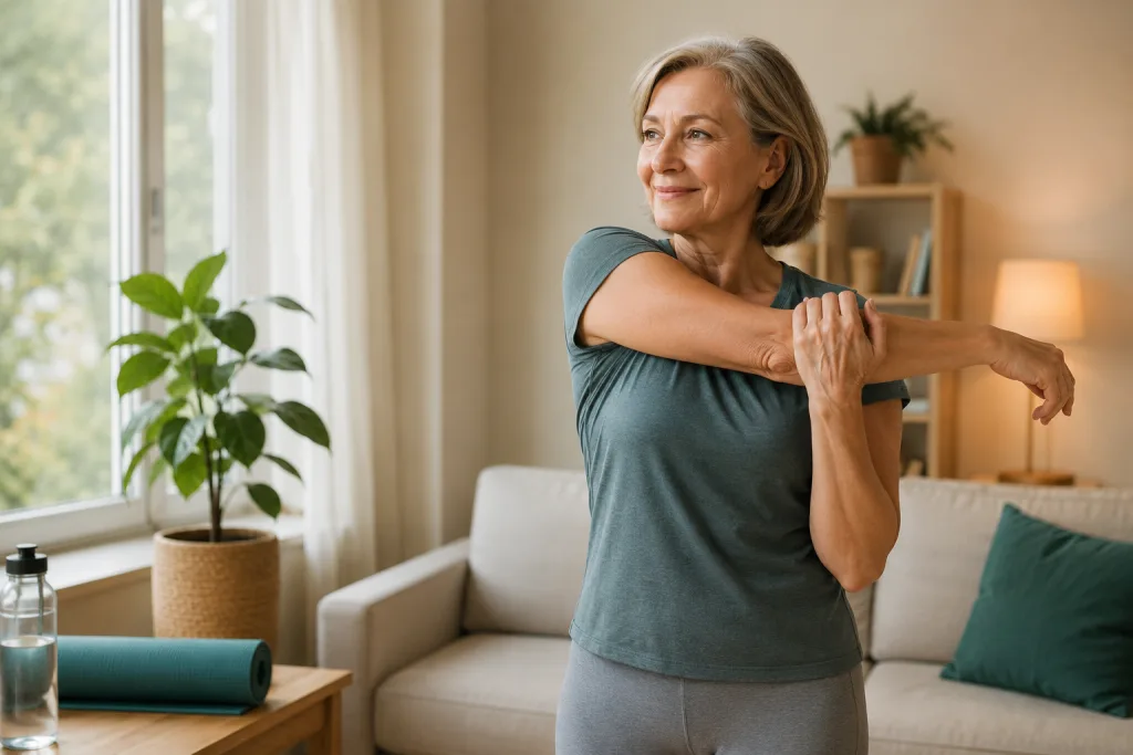 Mujer adulta realizando un estiramiento suave en casa con luz natural.
