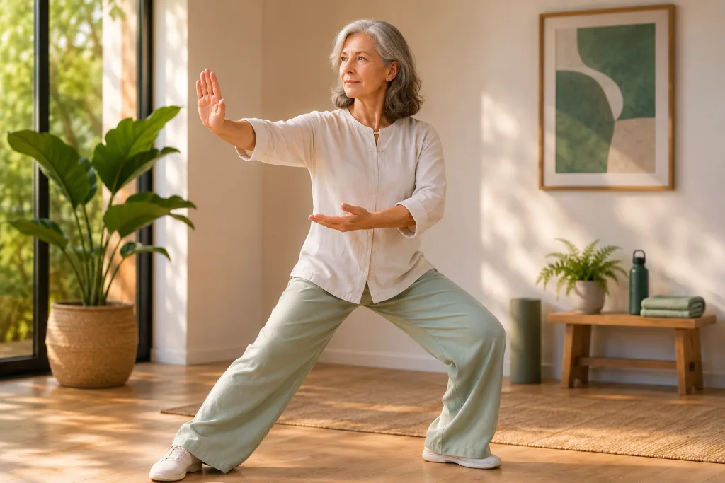 Mujer mayor practicando tai chi en una sala luminosa y tranquila.