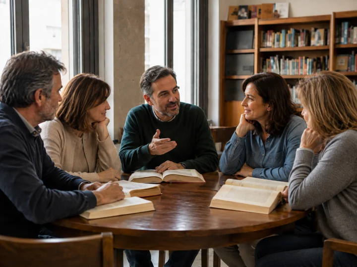 Cinco personas de unos sesenta años conversan alrededor de una mesa con libros abiertos, en la sala de una biblioteca con ventanales.