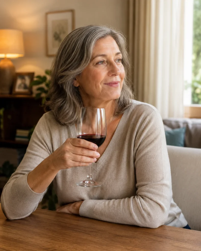 Mujer de más de 60 años sentada en casa con una copa de vino en la mano.
