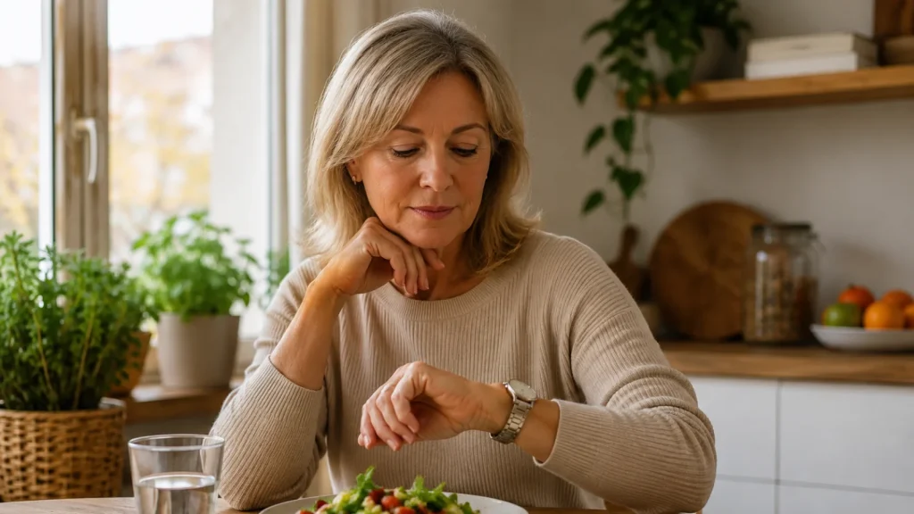Mujer de más de 50 años sentada en una cocina luminosa junto a una ensalada y un vaso de agua.