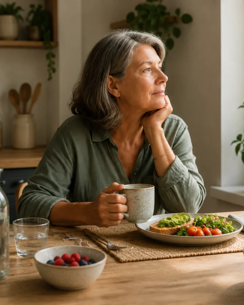 Mujer de más de 50 años sentada en una cocina luminosa ante una comida sencilla y un vaso de agua.